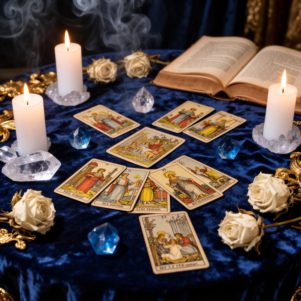 Mesa de leitura com cartas, velas, cristais e rosas em ambiente místico